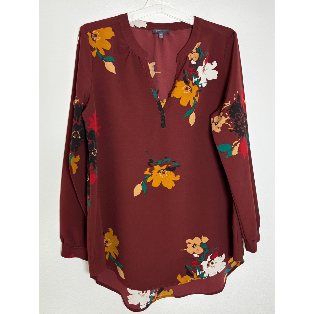 Madison Womens XL Burgundy Floral Long Sleeve Split Neck Tunic Blouse Top